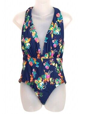 Sea Angel Plunge Neckline One Piece Swimsuit Criss Cross Back Navy Floral